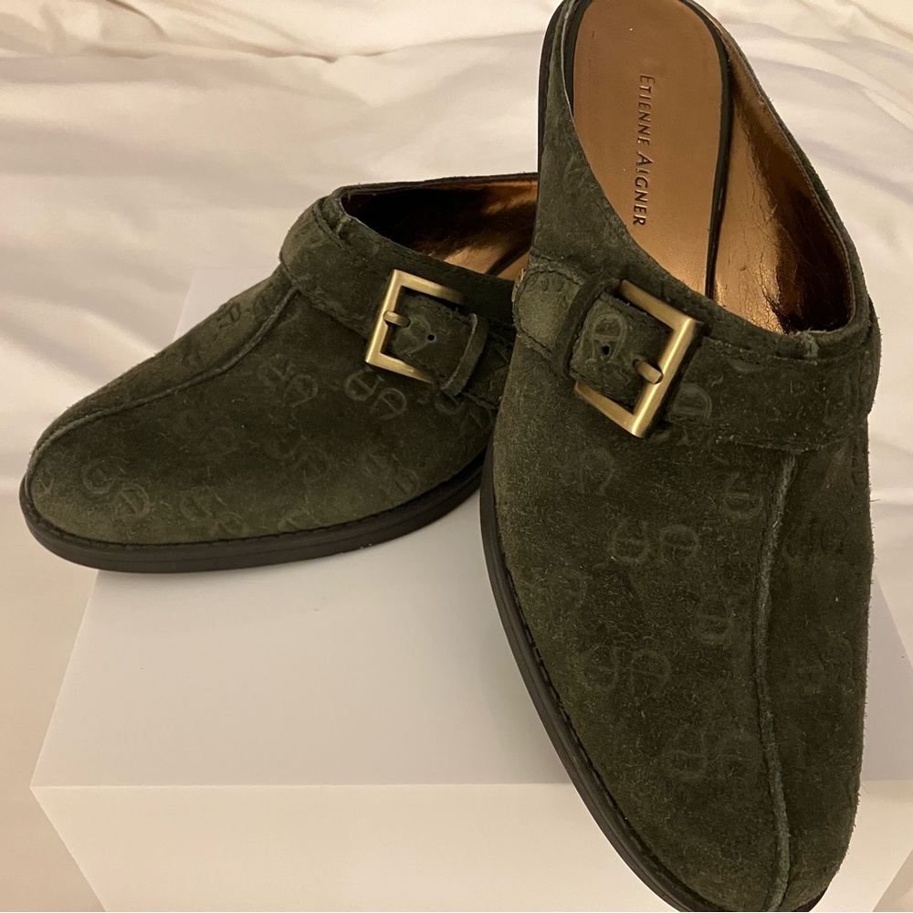 Etienne Aigner Fontana Olive Green Suede Mule